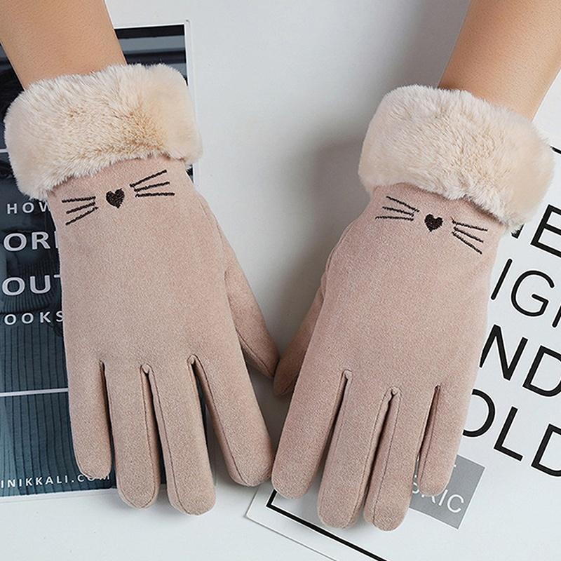 Winter Women'S Warm Gloves Have Windproof With Cute Cat And Cold Resistant Properties Thick Fur Lining And Touch Screen Gloves