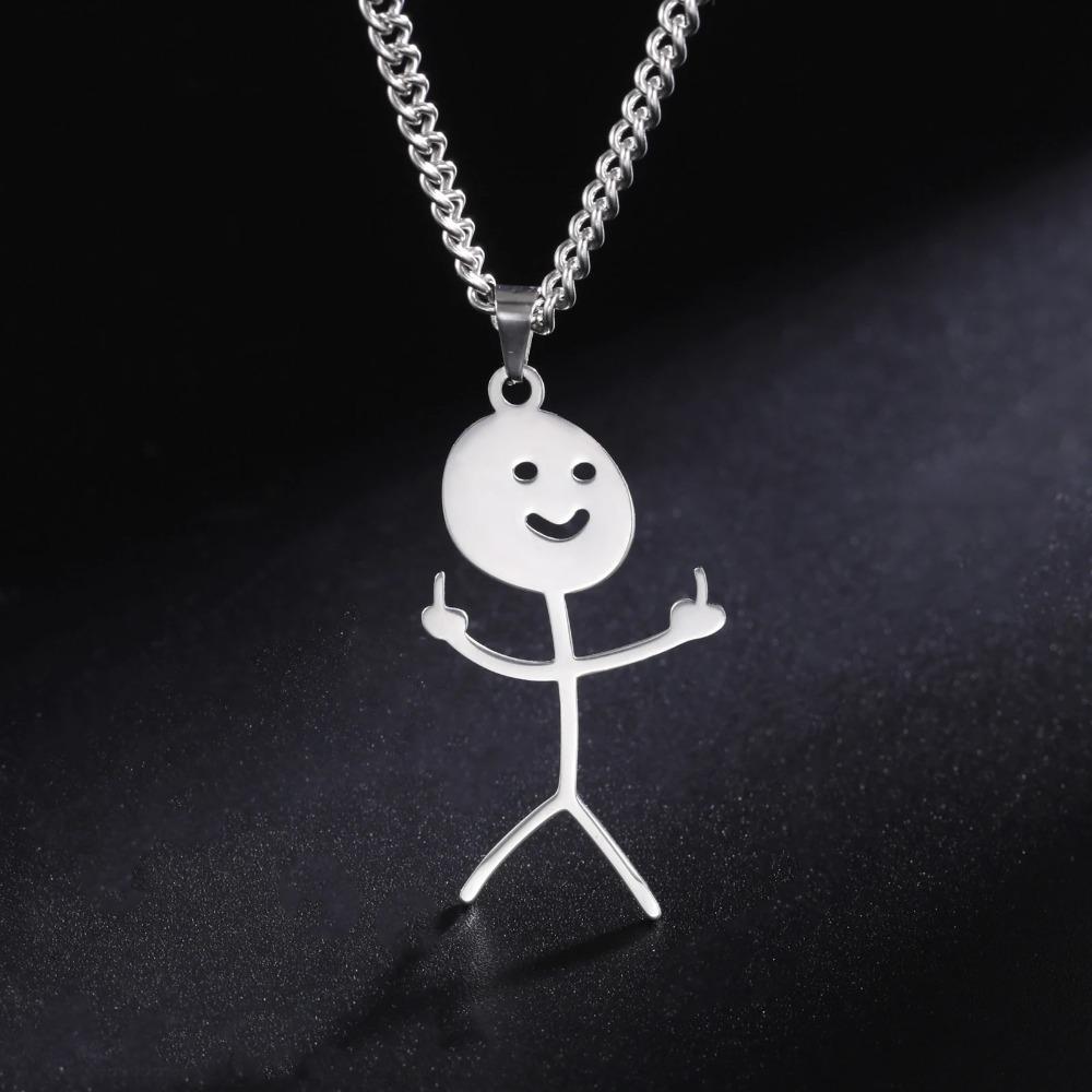 Skyrim Hip Hop Doodle Necklace for Men Women Stainless Steel Long Neck Chain Fashion Middle Finger Stickman Jewelry New