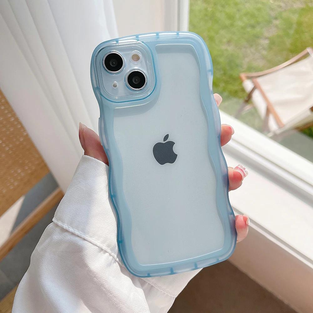 For iPhone 15 14 13 12 11 Pro Max Mini XS SE 7 8 Plus Case Cute Transparent Curly Wave Hybrid Shockproof Bumper Cover Soft Funda