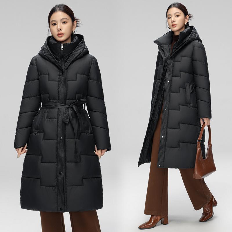 Casaco Feminino de Inverno com Capuz, Algodão e Penas, Novo, High-end, Slim-fit, Longo até o Joelho, Quente, Moderno