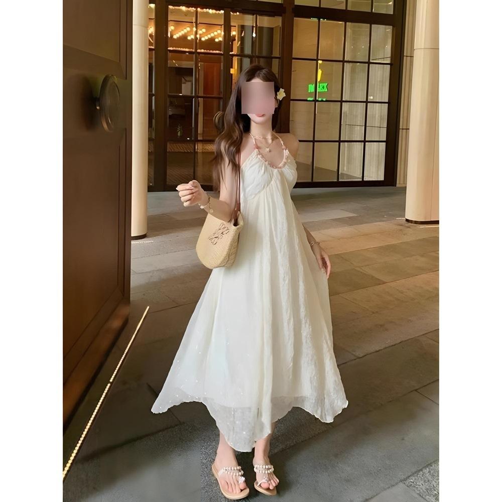 Summer Design Temperament Exposed Back Neck Suspender Dress Women's Seaside Vacation Style Elegant Lace-up Dress