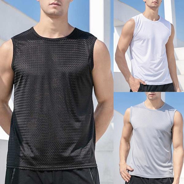 Men Ice Silk Vest Thin Outerwear Fitness Top Hurdle Mesh Sports Vest Loose  Sleeveless T-shirt