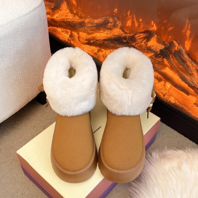 Women Snow Boots Round Toe Platform Sole Butterfly-knot String Bead Cotton Boots Fashion All-match Winter Plush Thickened Boots