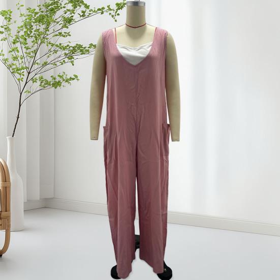 Women Casual Loose Long Bib Pants Sleeveless Wide Leg Baggy Jumpsuits Cotton Romper Overalls with Pockets