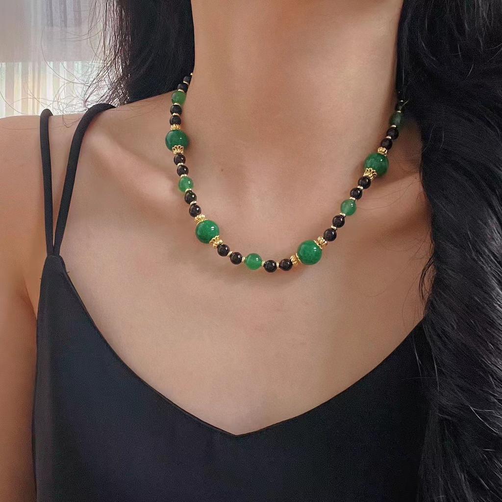 Retro Natural Chalcedony Black Agate Niche Temperament Premium Versatile Necklace Collarbone Chain Neck Chain