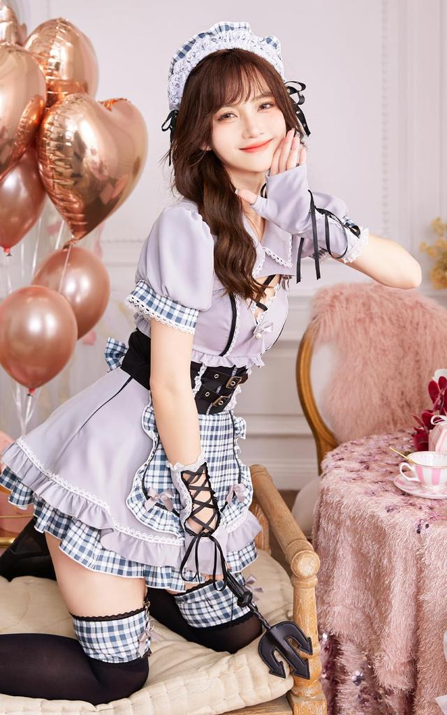 Malymoon Maid Dress Set Gothic Waitress and 9962 6-Piece (Light Gray) - Costume, Black, Gray, Purple,