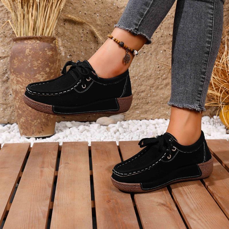 New Large-sized Fashionable Thick-soled Casual Single Shoes for Women, Round-toed Lace-up Loafers