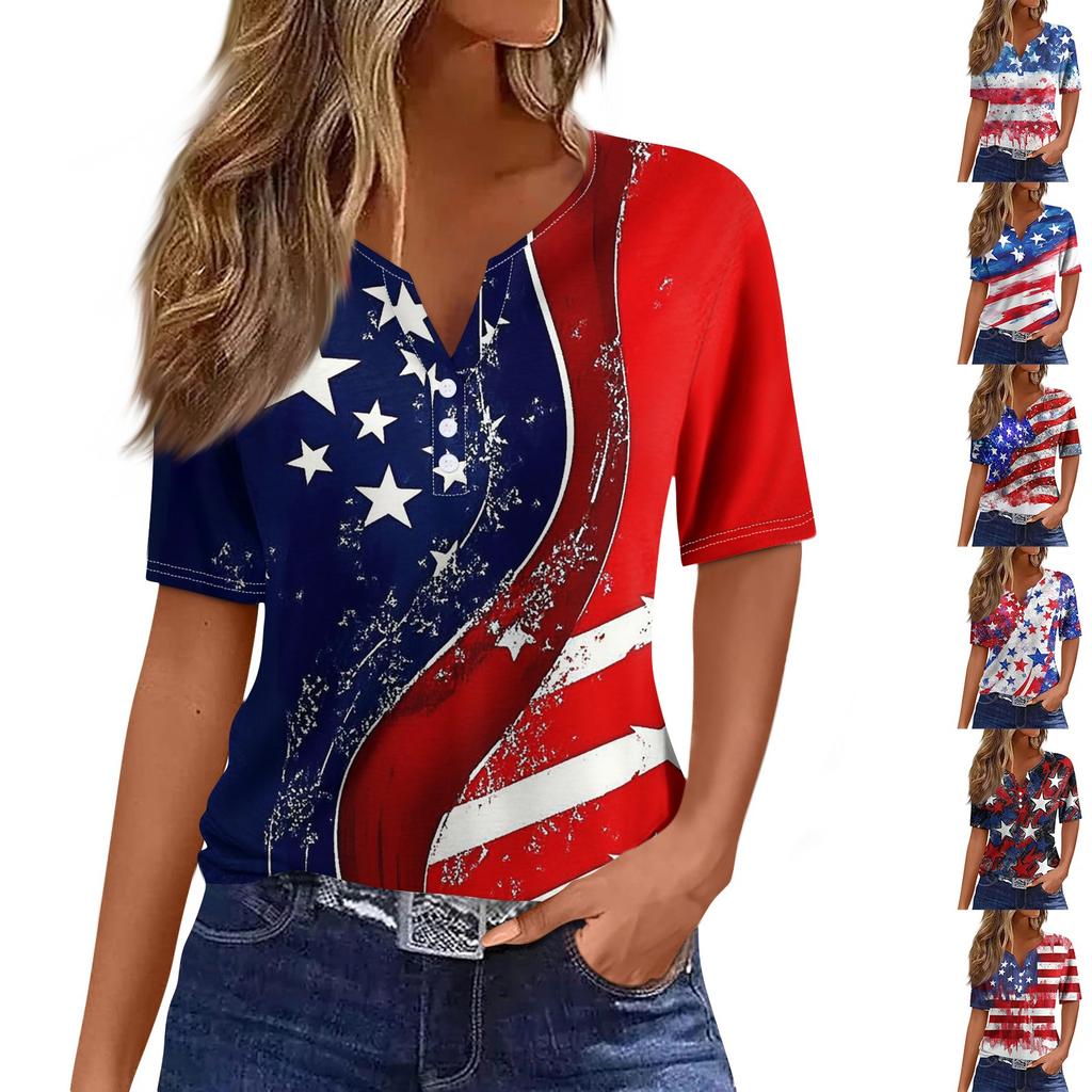 T-skjorte for kvinner med kortermet knapp med kortermet t-skjorte daglig helgmote Basic V-hals vanlig topp