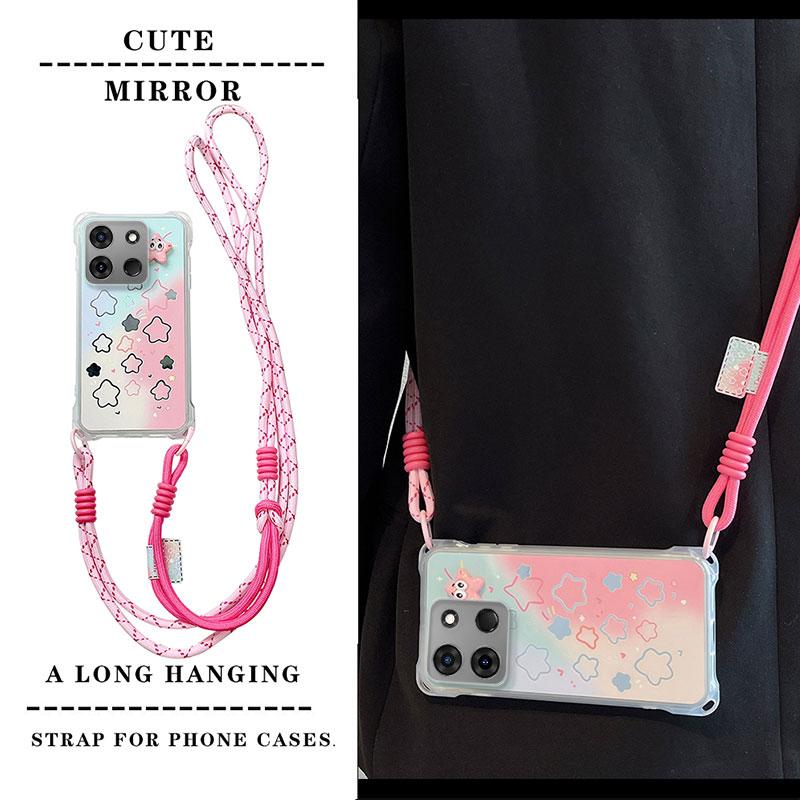 KEYSION Crossbody Strap Phone Case for TECNO Spark Go 2023 Pop 7 Pro Cute Cartoon Long Lanyard Mirror Shockproof Cover for Infinix Smart 7