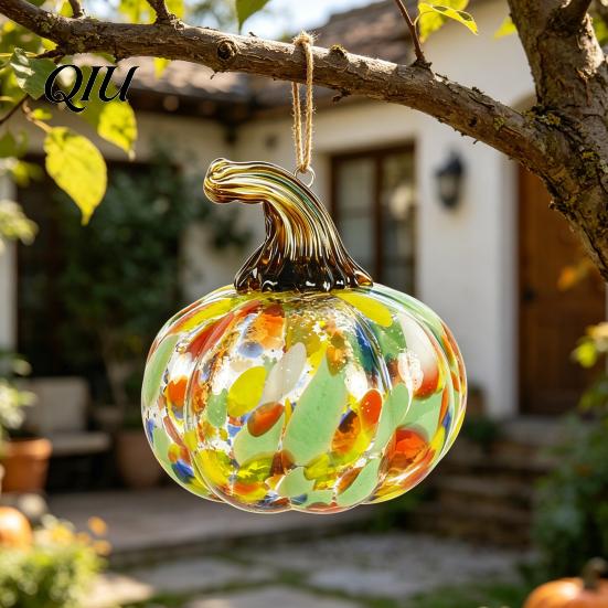 Fall Season Decoration Mini Hand Blown Glass Pumpkin Ornament, Collectible Thanksgiving Halloween Transparent Figurine Faux Crystal Hanging for Fall,