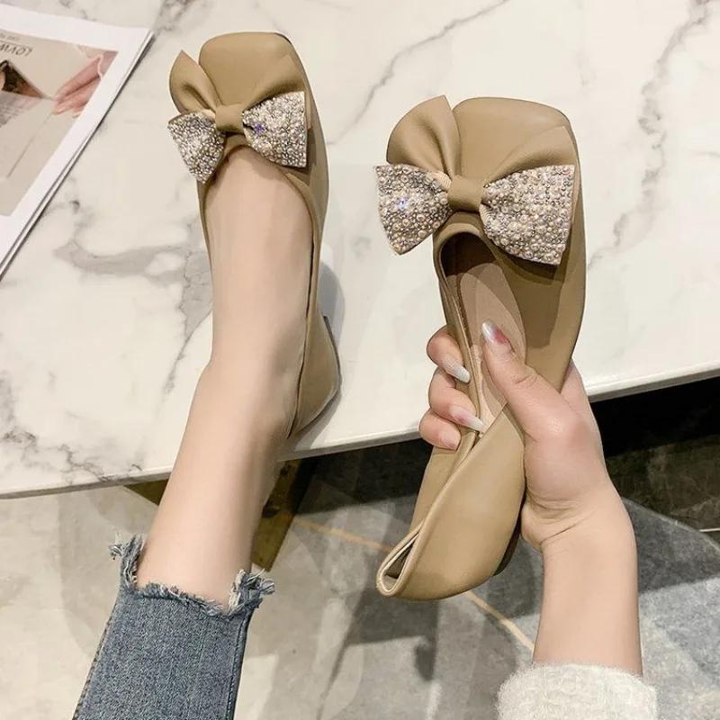 Fashion Low Heel Elegant Kawaii Woman Flats Square Toe Cute Shoes for Women with Bow Vintage Casual Clothing Trend 2025 Chic Stylish Y2k