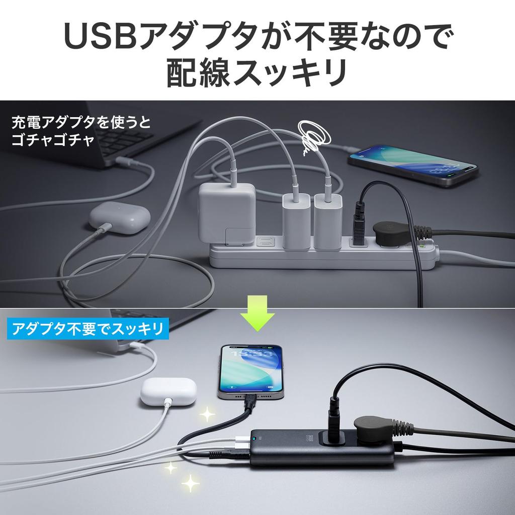 Sanwa Supply USB PD 100W GaN Slim Power Strip with 2 AC Outlets, 2 x USB-C, 1 x USB-A, Fast Charging for Laptops and Smartphones, Slim 18mm L-shaped P