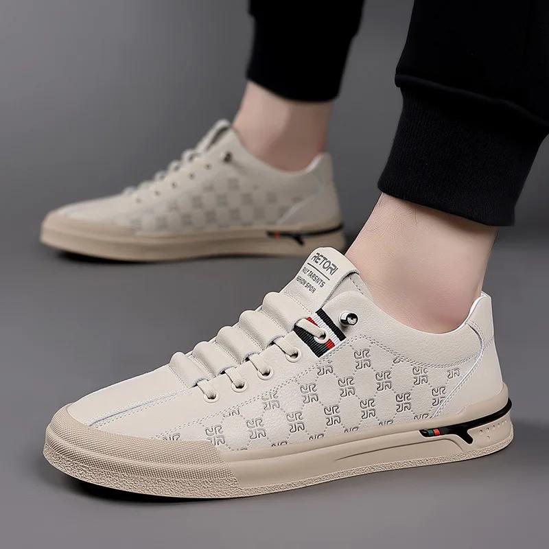 Fashion Spring New Shoes for Men Genuine Leather Casual Shoes Fashion Knurling Flat Skateboard Shoes Youth Lace-up Sneakers