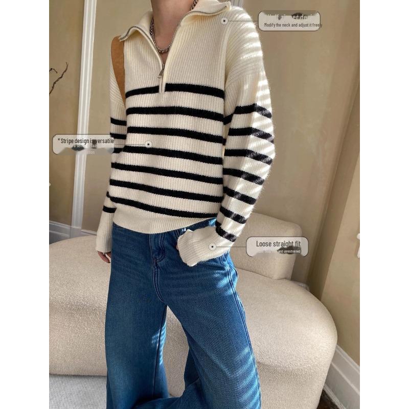 Sinan Retro Striped Half-Zip Lapel Sweater SN6942