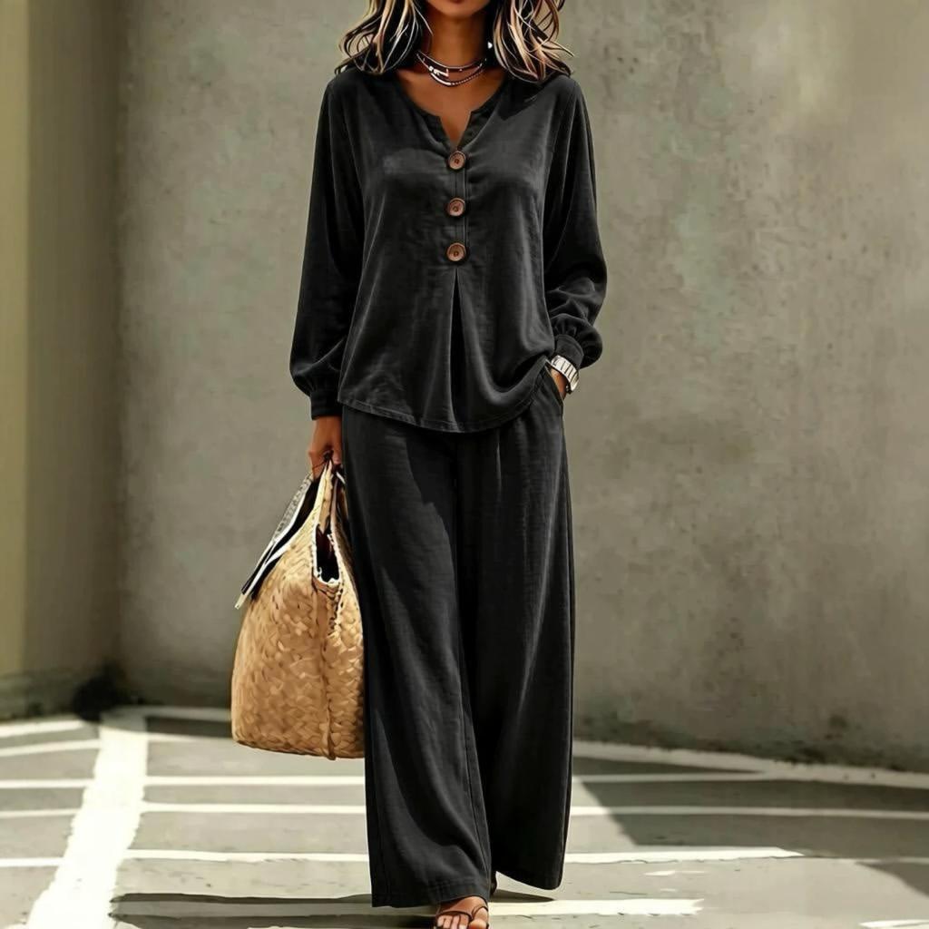 European and American women's clothing women's new velvet casual button V-neck long-sleeved top and trousers two-piece set