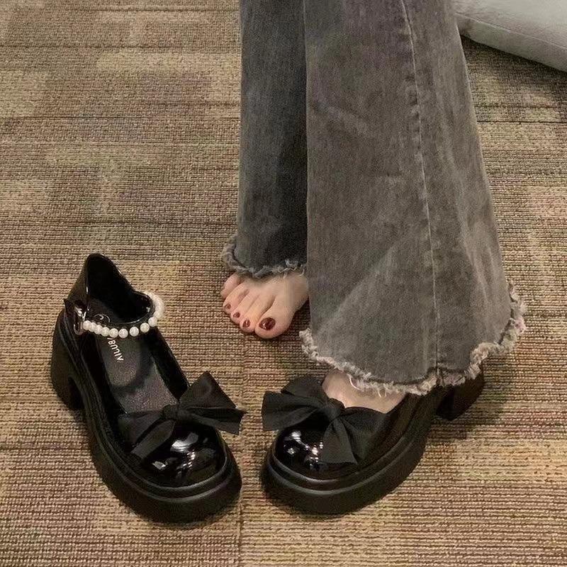 Mary Jane small leather shoes women's thick sole heightening sweet bow shallow mouth single shoes one-word buckle women's shoes
