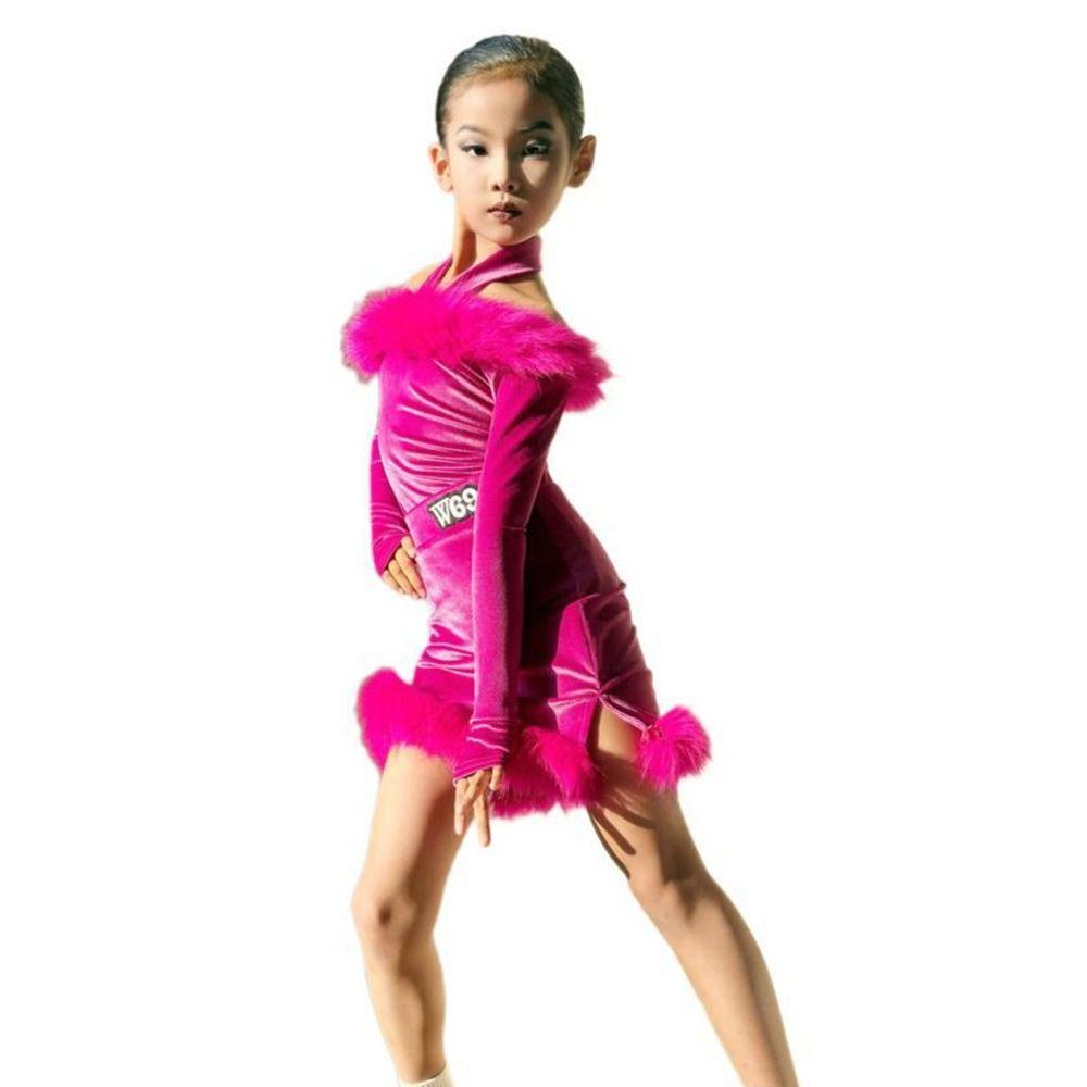 Abito da Ballo Latino in Velluto alla Moda Rosso Rosa Costume Professionale da Sala da Ballo Rumba Cha Cha Costume da Palco Bambine Ragazze