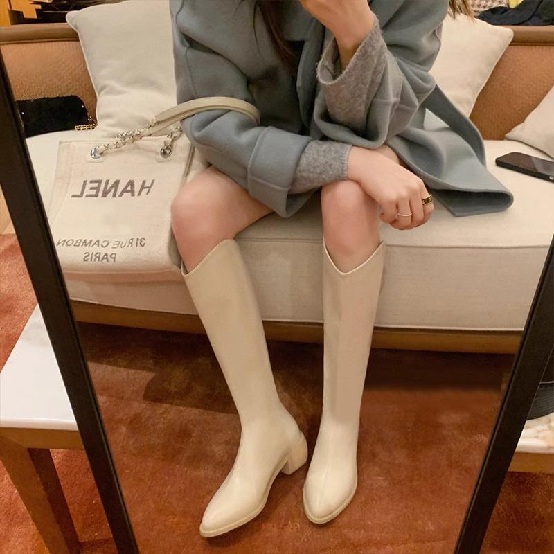 V-Mouth Pointed Toe Black Western Cowboy High Tube Knight Boots 2025