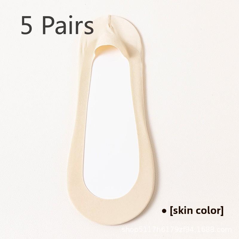 5 Pairs of Women's Summer Solid Color All Over Cotton Sole Invisible Shallow Mouth Boat Socks