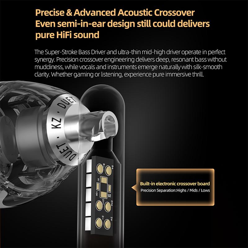 KZ Duet Earphone HIFI Bass Earbud Quad-Core Dual Dynamic Driver Units Headset HD Dual-Mic Array Detachable Design