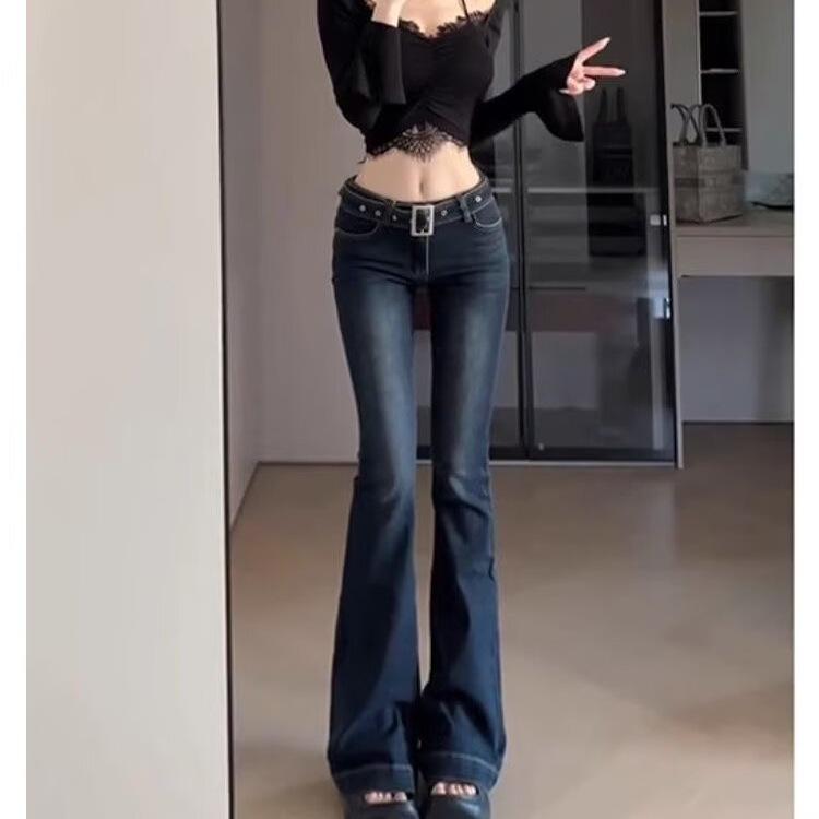 Autumn 2025 Women's Dark Blue Mid-Rise Micro-Flare Slimming Stretch Jeans