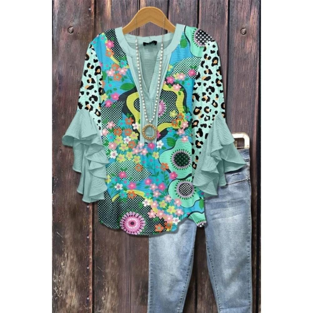 Large Women's Bohemian V-neck Shirt with Ruffle Sleeves, Grey Brown Floral Print Top, Casual Breathable Machine Washable Pullover