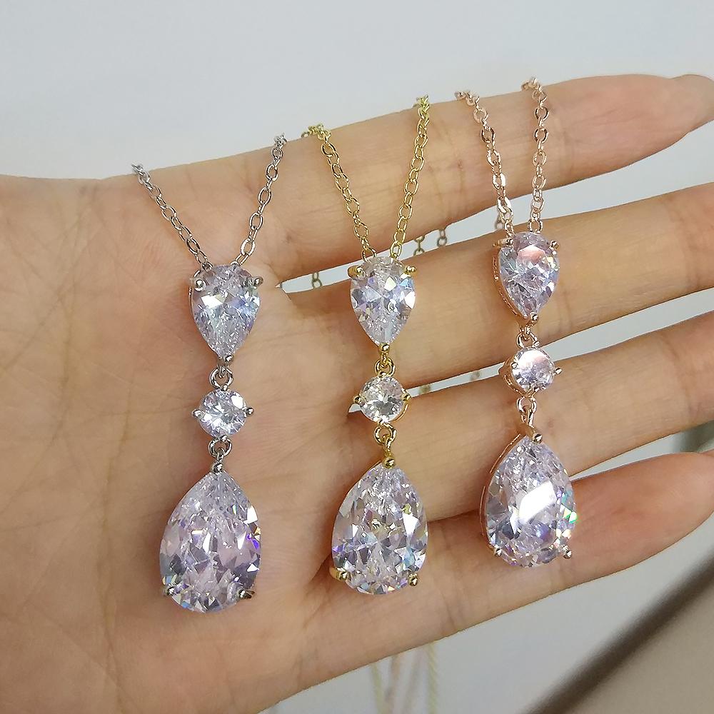 ZAKOL Brand Classic Aesthetic Water Drop CZ Pendant Necklace Shiny Geometric Crystal Wedding Party Zircon for Women Wholesale