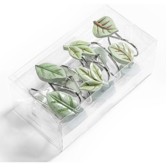 Gibelle 12 ST Blad Duschdraperikrokar, Grön Växtblad Dekorativa Duschdraperikrokar Metall Rostskyddad Söt Eukalyptus Duschdraperiringar