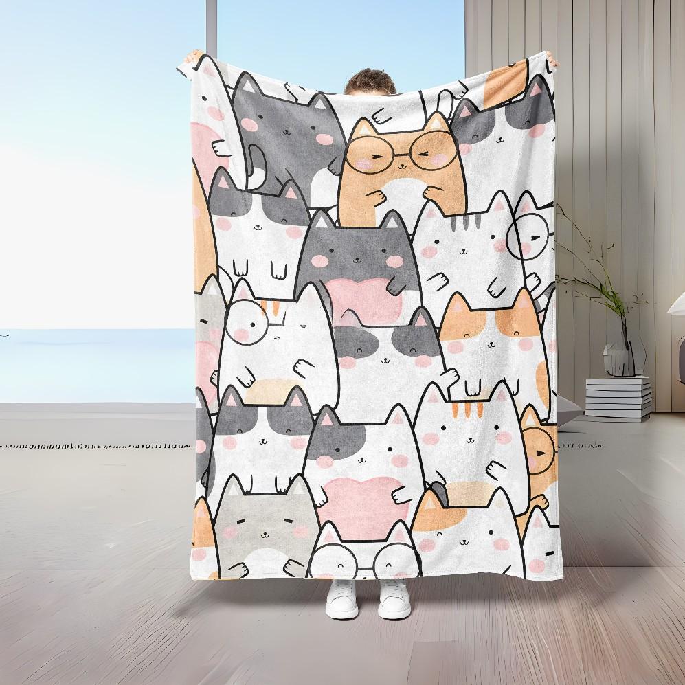 Cute Cat Print Flannel Blanket Love cat Family Blanket Throw Home Sofa Lunch Break Blankets Children Student Blankets Nap Gifts