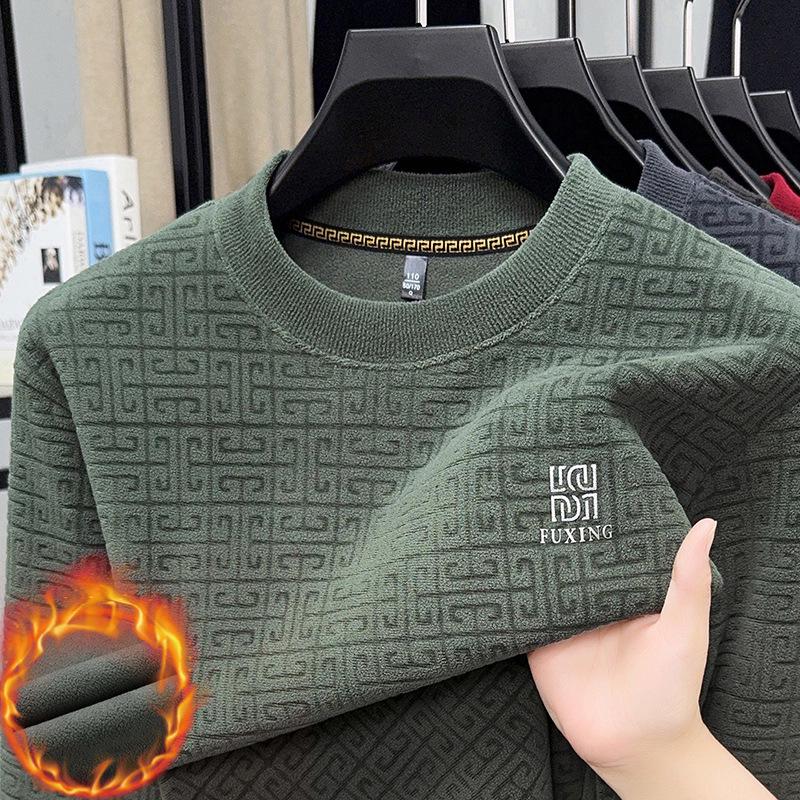 Ao Li Rong Men's Plus Velvet Thickened Warm Sweatshirt - Round Neck, Long Sleeve, for Autumn/Winter