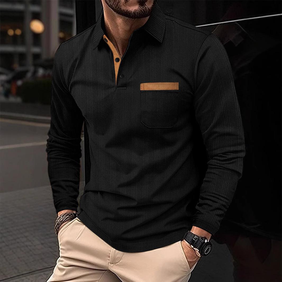

Новая мужская рубашка поло: Деловая повседневная мода с воротником и длинными рукавами, спортивная одежда L чёрный