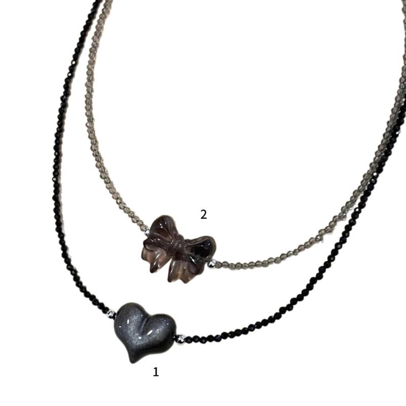 Stylish Bowknot/Heart Pendant Necklace Handmade Beaded Neckchain Bows Ornaments