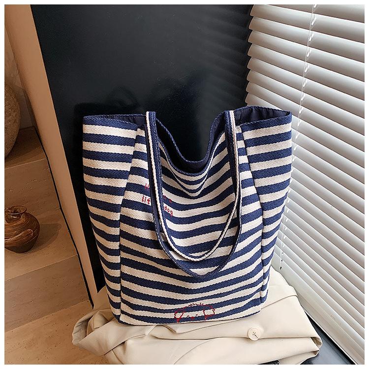 Doppelseitige gestreifte Canvas-Tasche für Damen mit großem Fassungsvermögen, lässige Tragetasche, Studenten-Freizeit-Einkaufstasche