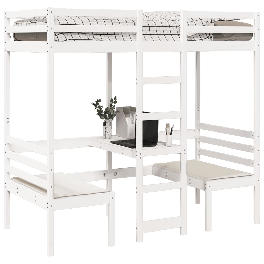 High Bed with Desk & Chairs White 80x200 cm Pine Wood