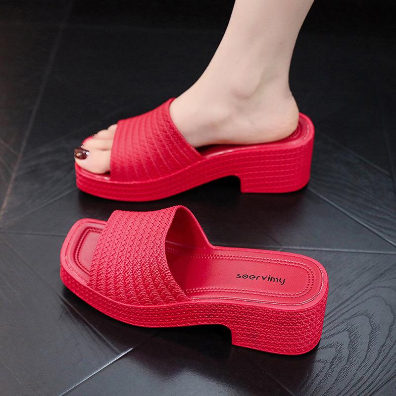 Women's Non-Slip Chunky Heel Slippers – Lightweight, Thick Sole, One-Strap Summer High Heels for Height Increase