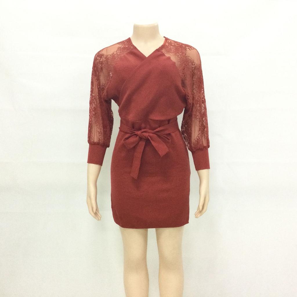 Lace Knitted Dress Autumn and Winter Large Size Female Long-sleeved Slimming Wool Dress