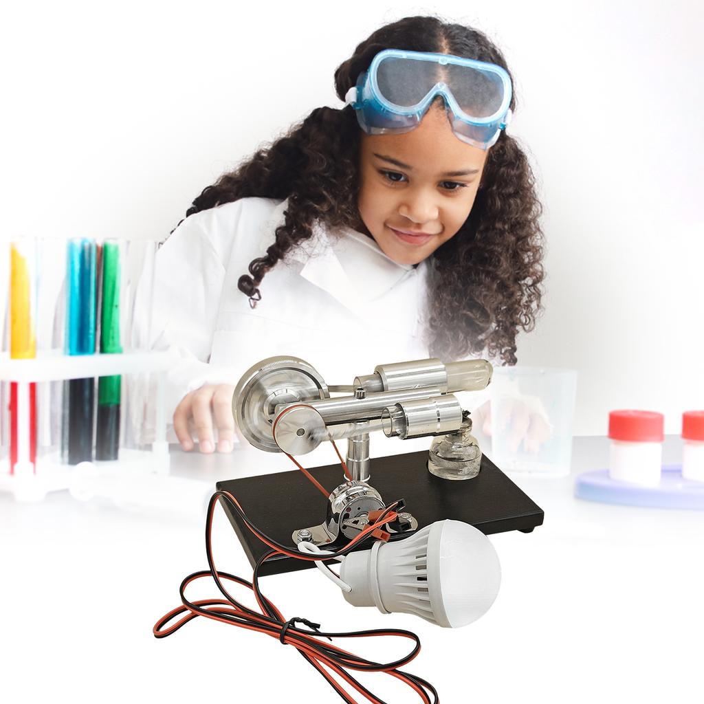 Hot Air Stirling Engine Electricity Generator Motor Model with LED Bulb Flywheel Design Science Experiment with CNC Aluminum Alloy Base DIY Education