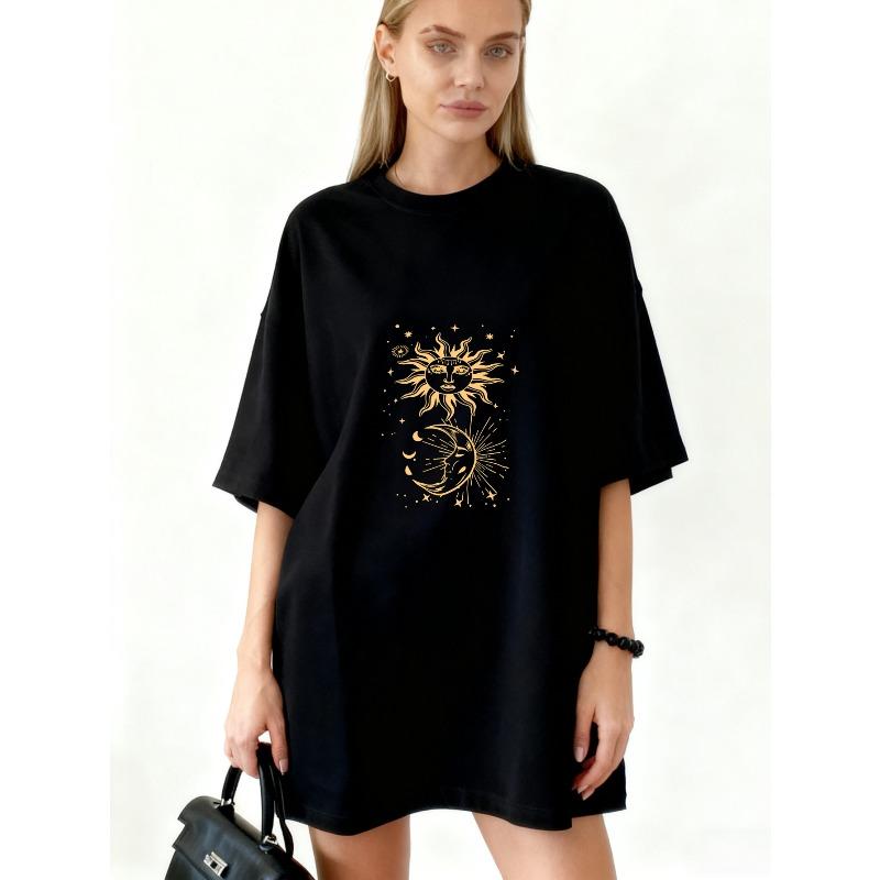 

Black Oversized T Shirt With Sun And Moon Gold Print For Casual Wear XXXXL чорний