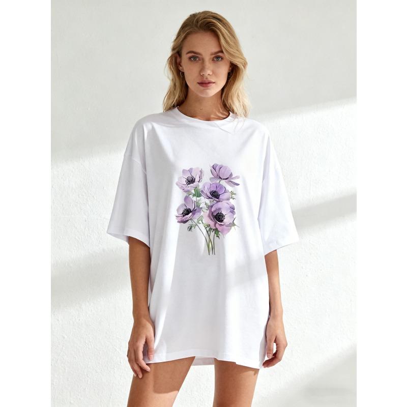 Oversized T Shirt Black Purple Flowers Print Casual Wear For Women Summer Outfit Street Style Fashion Top
