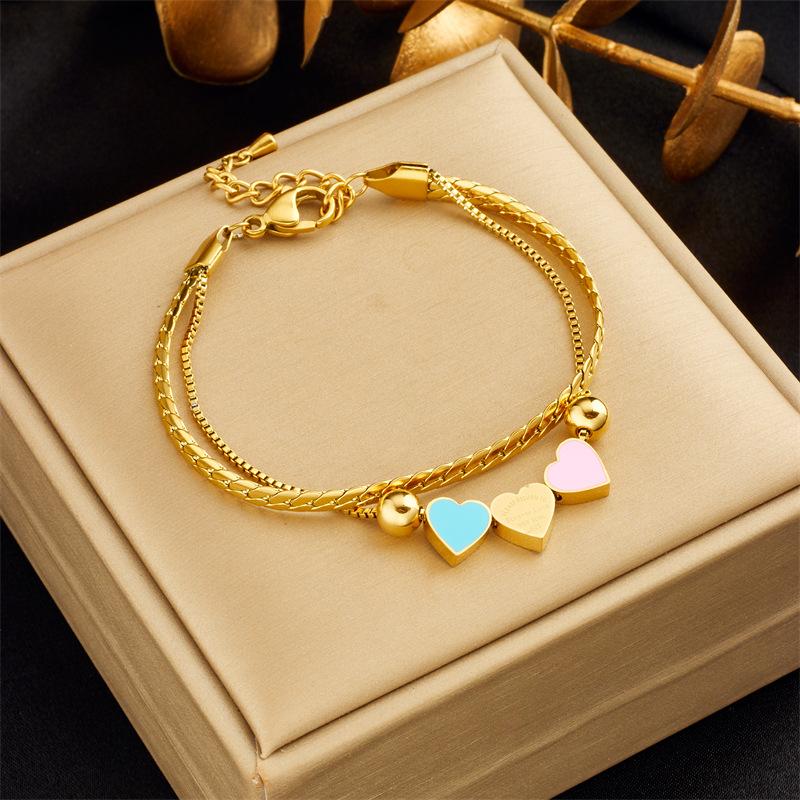 

Double Layer Chain Love Heart Bracelet Creative Versatile Colorful Enamel Design Niche Fashion Adjustable