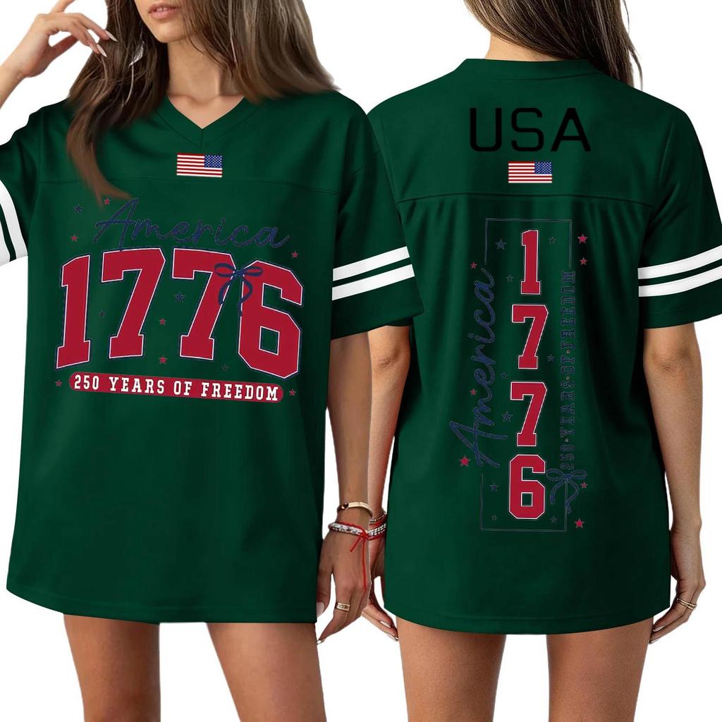 Women's Casual Fashion V-Neck Sports Independence Day Print Short Sleeve Sports T-Shirt Top