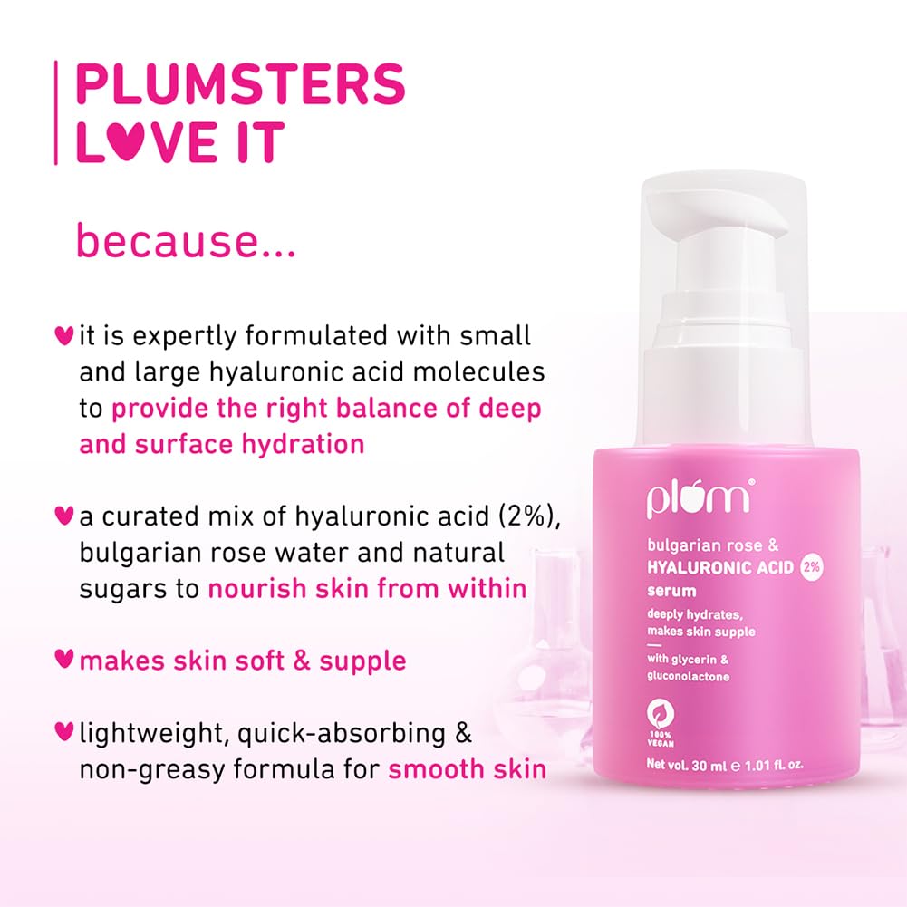 Plum 2% Hyaluronic Acid Serum with Bulgarian Rose 30 Ml | Hydrating Face Serum for Plump, Bouncy Skin Daily Use