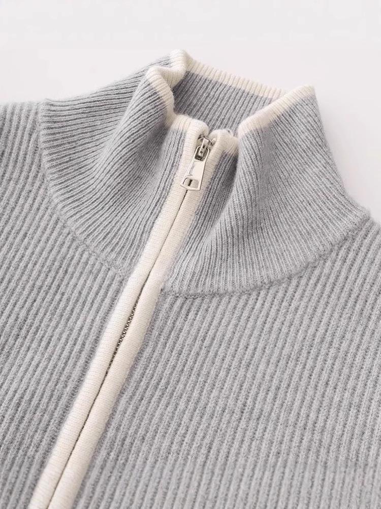 Women's Stand Collar 100% Wool Thickened Zipper Cardigan - Loose, Fashionable Autumn/Winter Knitwear Sweater.