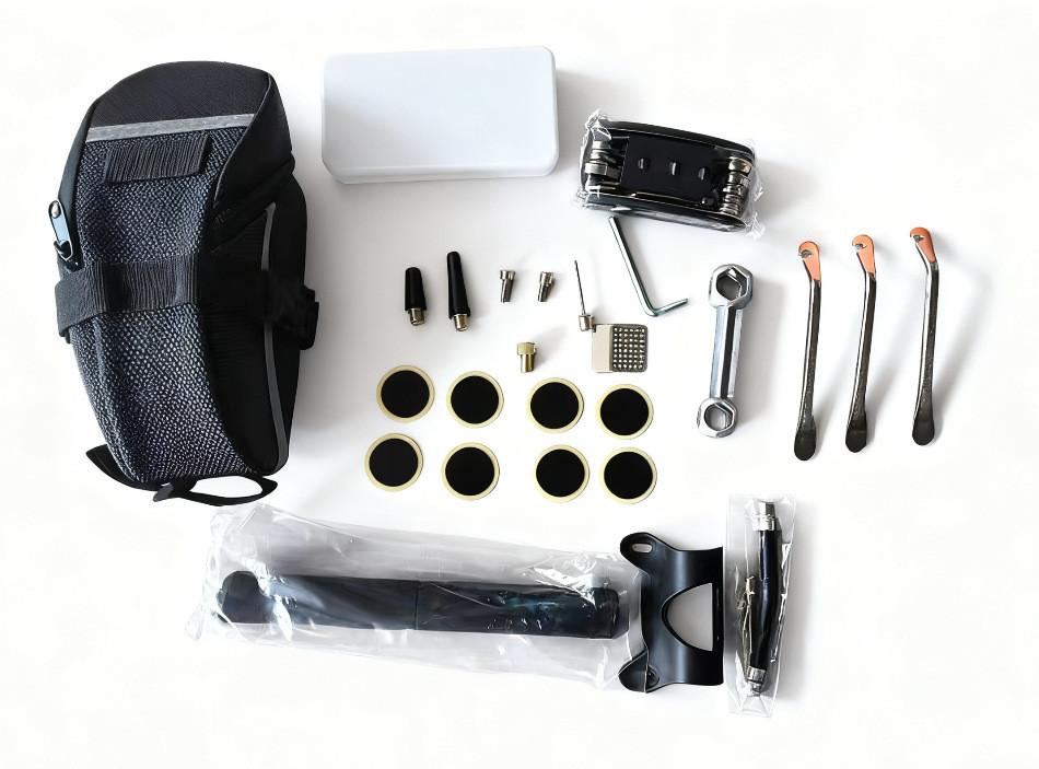 Bicycle Repair Tool Set With Tire Patch Kit And Pressure Gauge For Home Maintenance