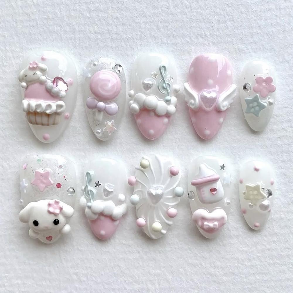 Handmade 3D Cute Rabbit Cat Pink Chocolate Dessert Cream Cartoon Almond Shaped Press On Nails Art Stickers