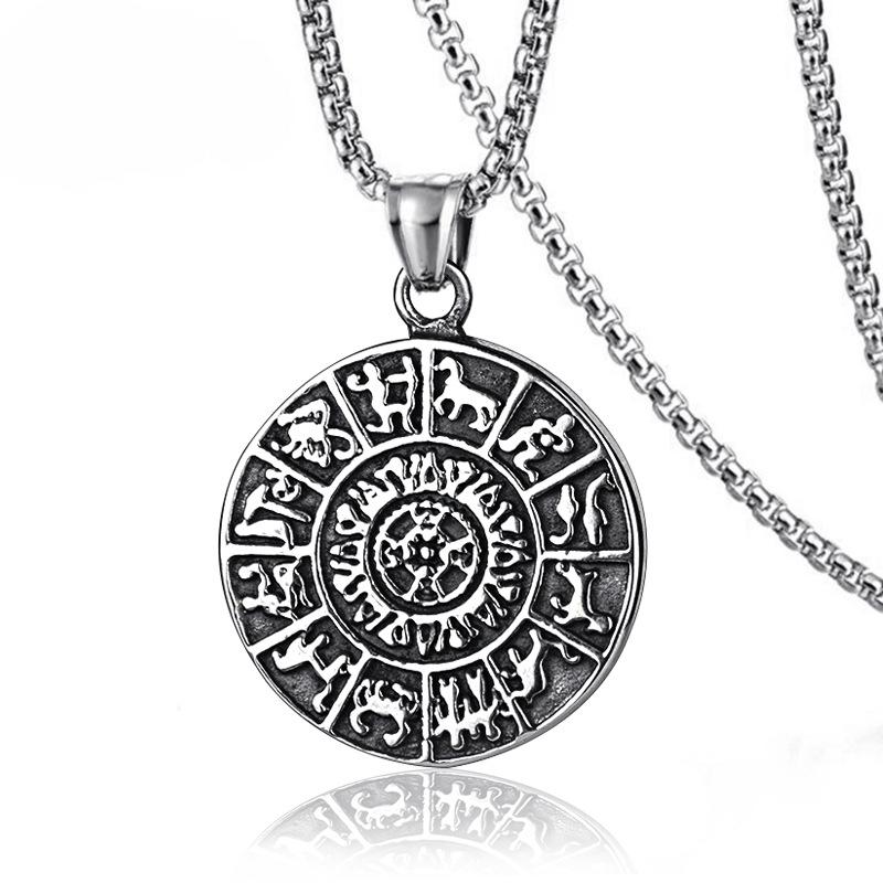 Titanium Steel Double Sided Twelve Constellation Round Brand Necklace Vintage Titanium Steel Hip Hop Pendant