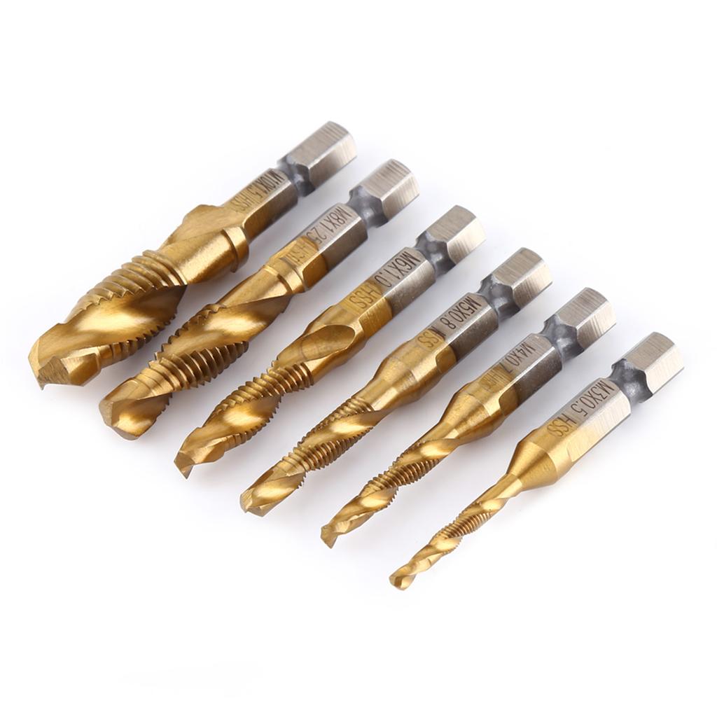 6pcs Metric Thread M3 M10 Titanium Coated HSS Drill and Tap Bits 1 4  Hex Shank