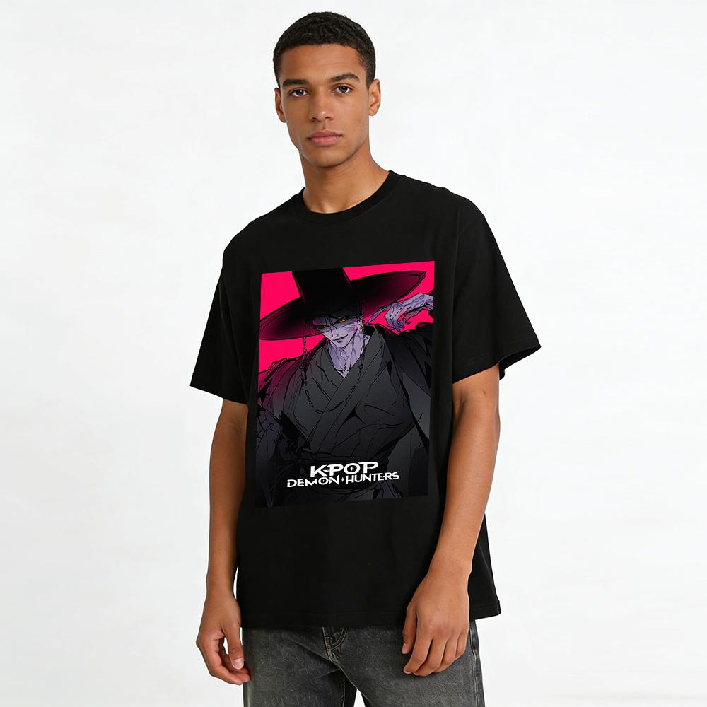 Kpop Demon Hunters Themed Print T-shirt Cool Dark Style Unisex Casual Loose Streetwear Top Pure cotton T-shirt