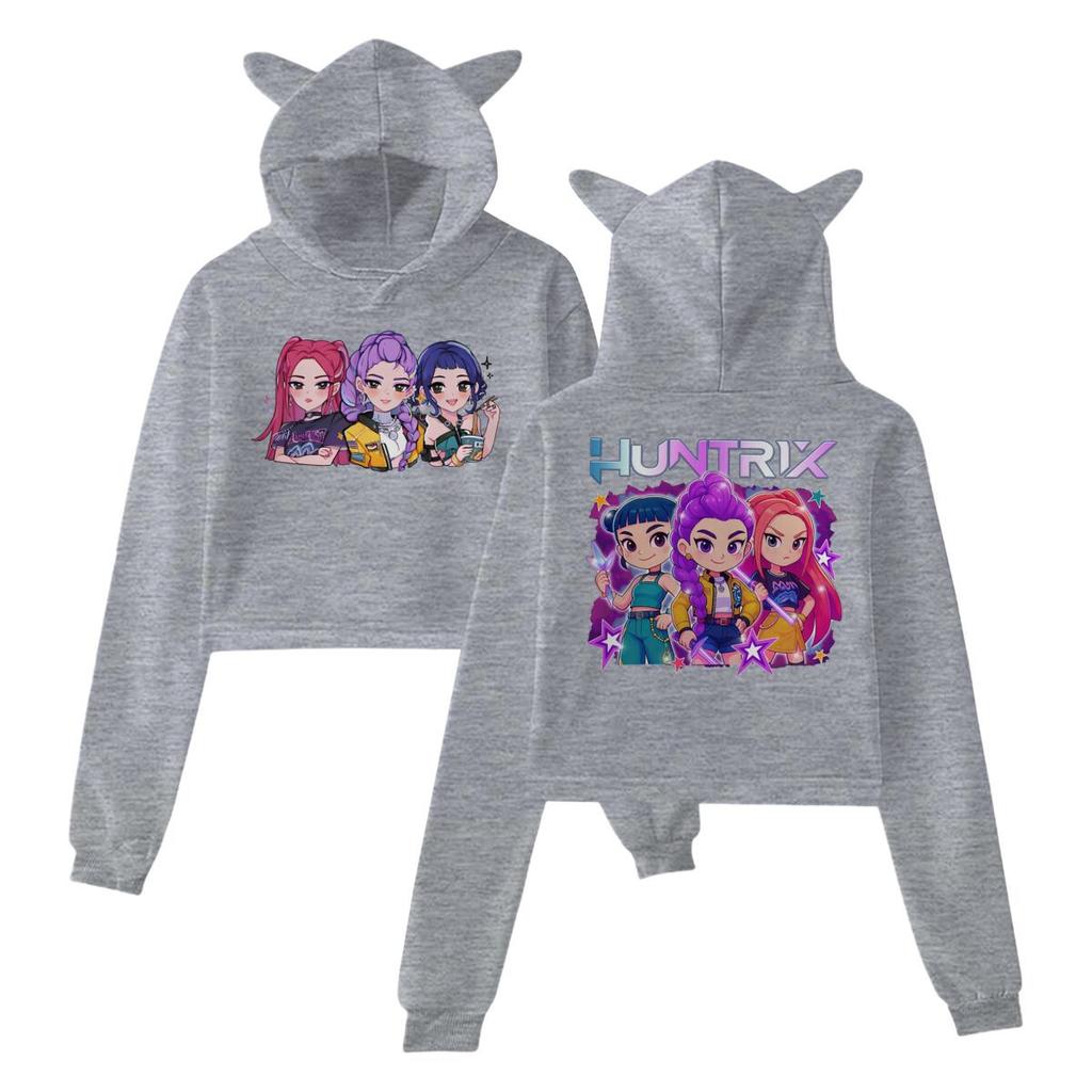 KPop Demon Hunters Hoodie Fashion Cat Ears Women Sweatshirt Long Sleeve Pullover Hooded Girls Cartoon Crop Tops Women's Clothes