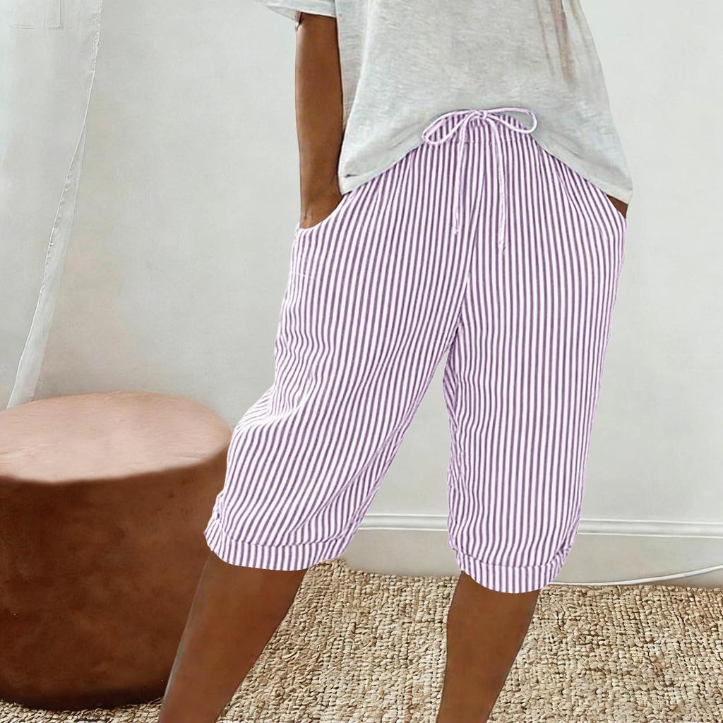 Women's Fashionable Striped Printed Loose Drawstring Cotton Linen Casual Five Quarter Pants